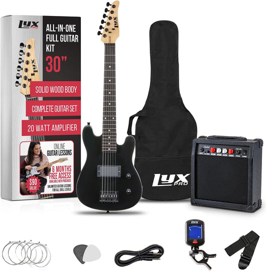LyxPro 30 Inch Electric Guitar and Starter Kit for Kids with 3/4 Size Beginner’s Guitar, Amp, Six Strings, Two Picks, Shoulder Strap, Digital Clip On Tuner, Guitar Cable and Soft Case Gig Bag - Black