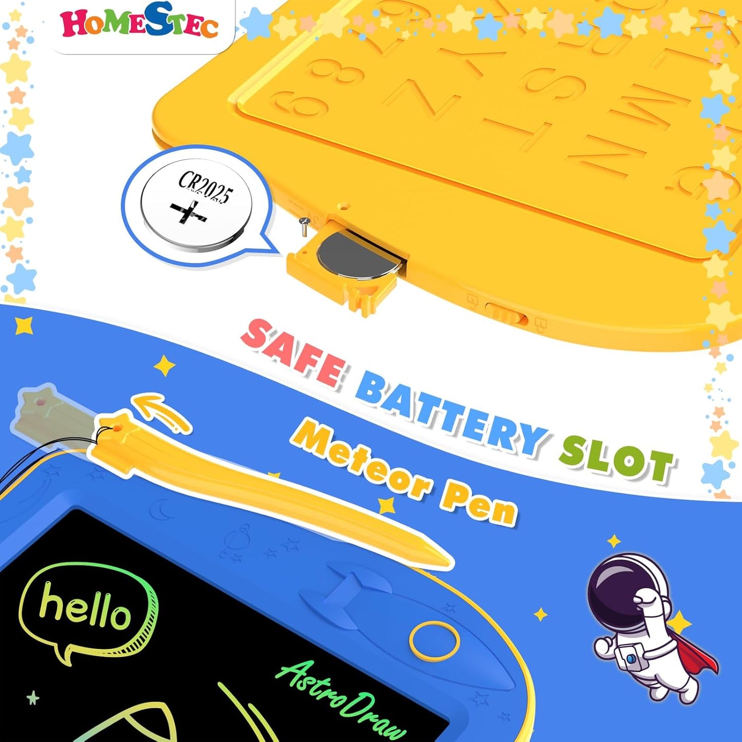 Astrodraw Drawing Pad Toys, Colorful LCD Writing Tablet for Kids, Doodle Board for Toddlers 3 4 5 6 Years Old, Travel Sensory Space Toy for Boys Girls, Birthday Gift Idea (Blue/Yellow)