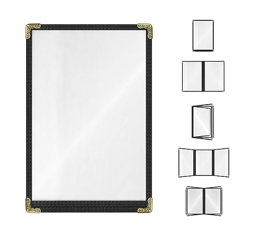 Goodsmart Restaurant Menu Covers – 25 Pack Black 2-View, Top-Loading Menu Holders, Vinyl & Plastic Café Menu Covers, Clear Menu Sleeves, Fits 5.5" x 8.5", Leather-Style Design, Gold Corners
