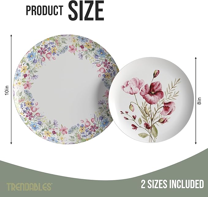 Trendables Heavy Duty Paper Plates Set For 16 Guests - 16 Each Of 8-inch And 10-inch Disposable Plates For Party - Fancy 32 Piece Dinnerware Set For All Occasions | Floral Design, Provincial