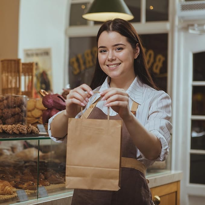 METAPRINT Brown Paper Gift Bags with Handles in Bulk,100 Pack 5.8x3.2x8.25 Inch Small Kraft Paper Bags for Birthday, Party Favors, Grocery, Retail, Shopping, Business