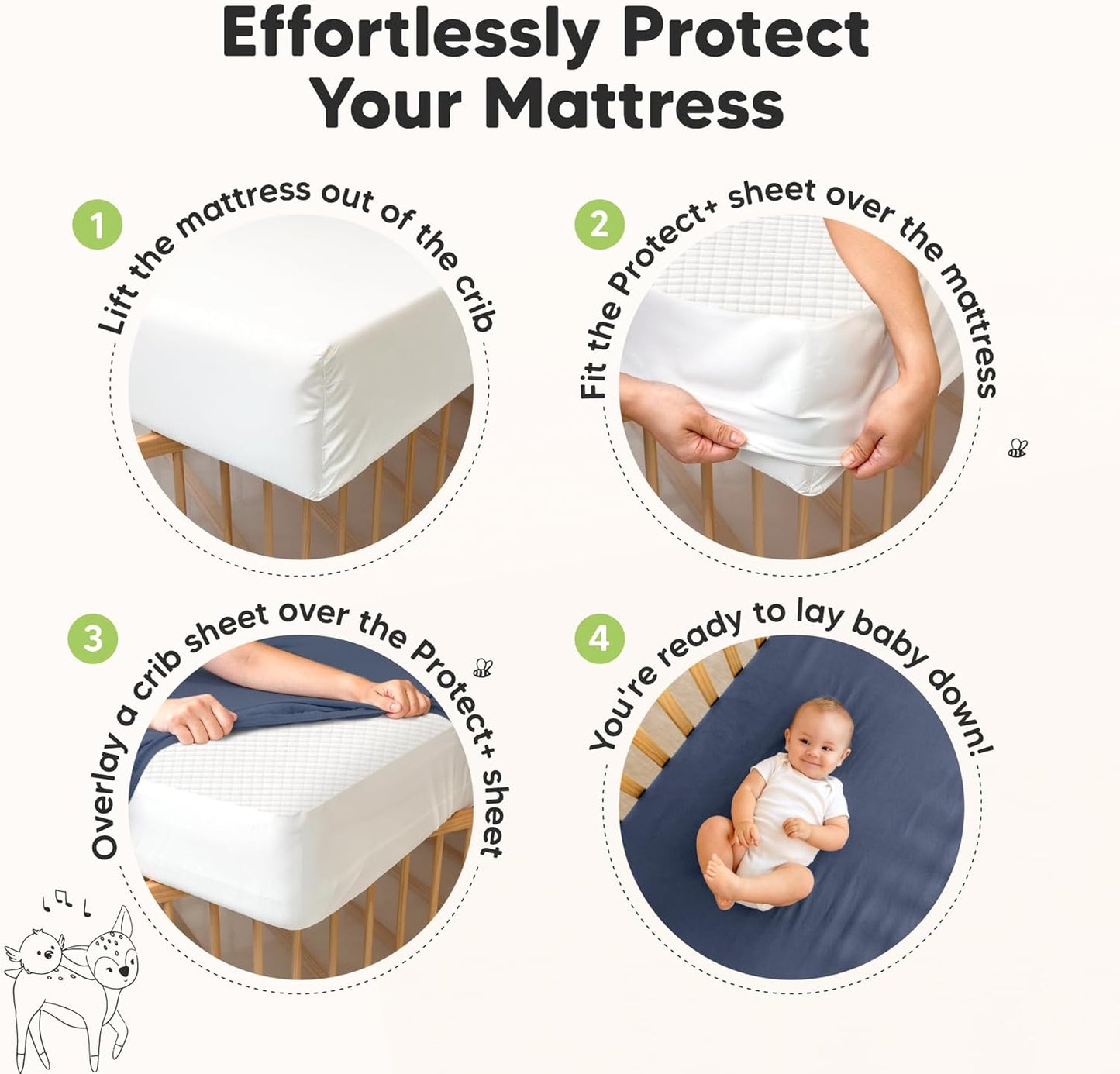 Waterproof Crib Mattress Protector Cover Fitted - 2-Pack Quiet Baby Crib Mattress Pad Sheets, 52" x 28" Soft Quilted Cotton Baby Sheet, Machine Washable, Easy Fit, Durable (Ecru/Quin)
