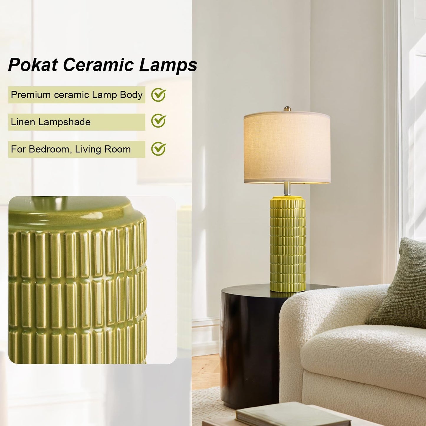 PoKat 27.5'' Tall Table Lamps for Living Room Set of 2, Mid Modern Century Ceramic Bedroom Lamps for Night Stands, Bedside Lamps for Bedroom, Nightstand Lamps for Side End Table Hallway, Green