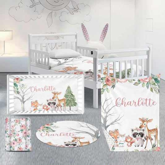 Custom Nursery Crib Bedding Set: Personalized Name 4 Piece Sika Deer & Fox Pattern Baby Crib Sets for Girls - Toddler Double Layer Blanket Set, Comfortable Crib Bed Sheets for Baby Toddlers