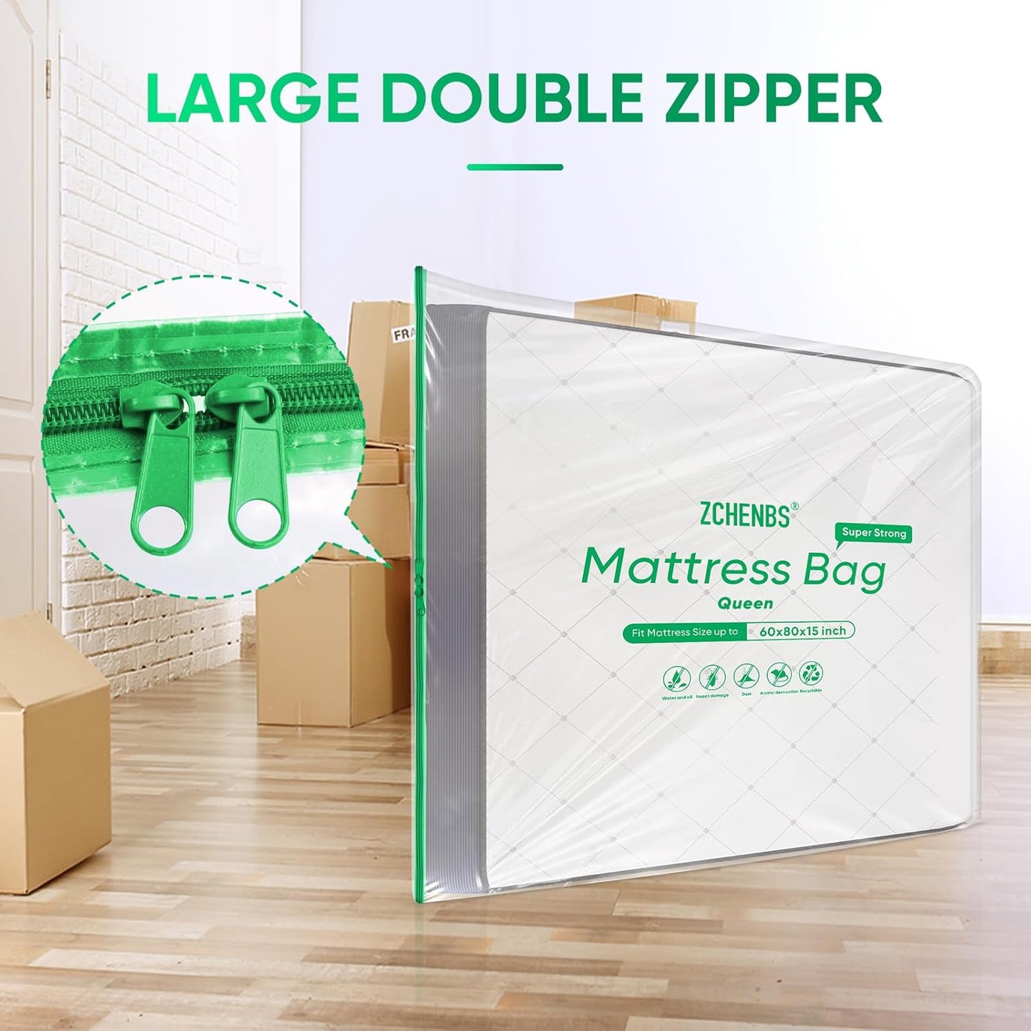 ZCHENBS® – Mattress Bags for Moving and Storage,Mattress Bag with Zippers,5 Mil Ultra-Thick Bed Bag,Waterproof,Anti-Tear,Heavy-Duty Mattress bag (Tansparent/Green, Green-Queen-(2 Pack))