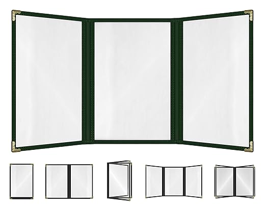 Goodsmart Restaurant Menu Covers – 25 Pack Green 6-View Trifold 5.5" x 8.5", Side-Loading Vinyl & Plastic Menu Holders, Clear Menu Sleeves, Leather-Style Café Covers with Gold Corners