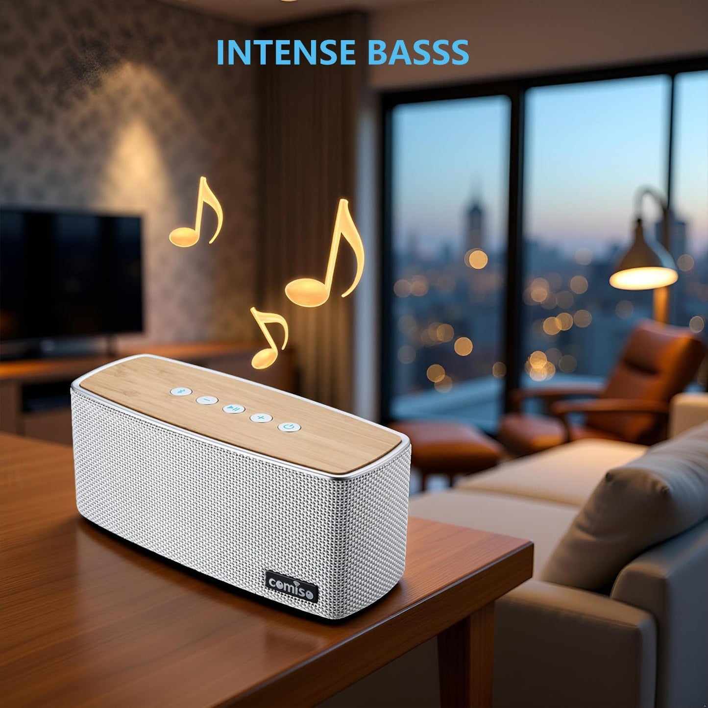 comiso Bluetooth Speakers, Portable Speaker 5.0 with 20W Stereo Sound, Wireless Stereo Pairing, Wood Bluetooth Audio with Subwoofer, 24H Playtime, Hands-Free, Great for Office, Home, Outdoor