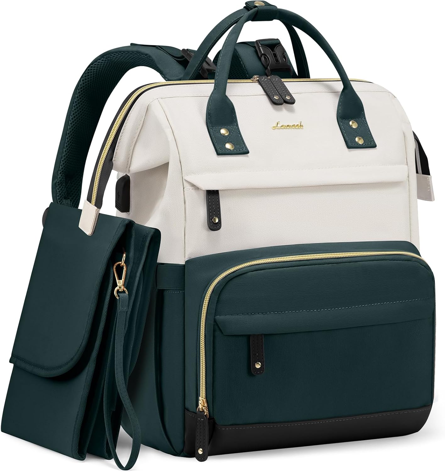 LOVEVOOK Diaper Bag Backpack, Baby Bag with Changing Station, Large Diaper Backpack for Moms Dads, Waterproof Leather Accents Baby Boy and Girl Bag for Travel Baby Essentials, Dark Green-Beige