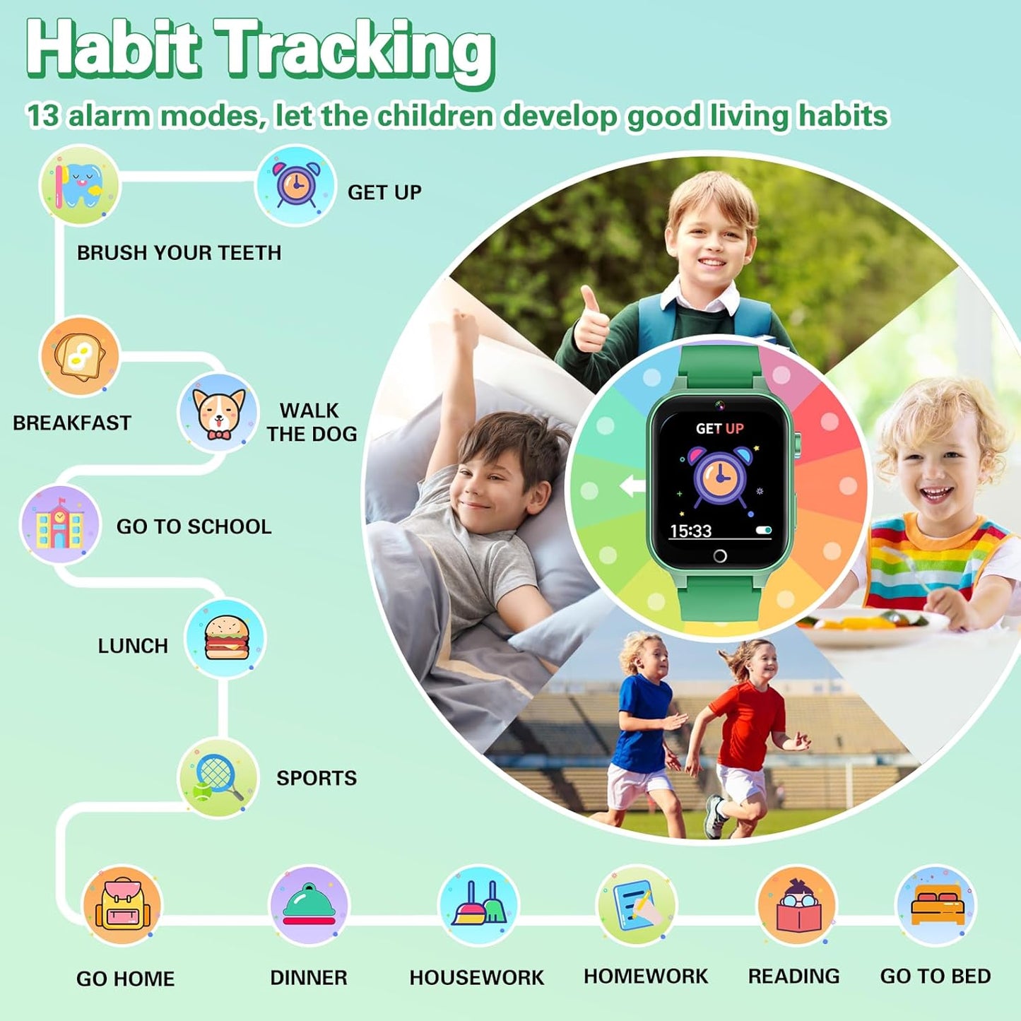 Vakzovy Kids Smart Watch for Boys with 26 Games, HD Touchscreen Camera Music Player Flashlight Pedometer Audiobook, Birthday Gifts Toy for Girls Age 6-12 Kids Smartwatch with Screen Protector Green