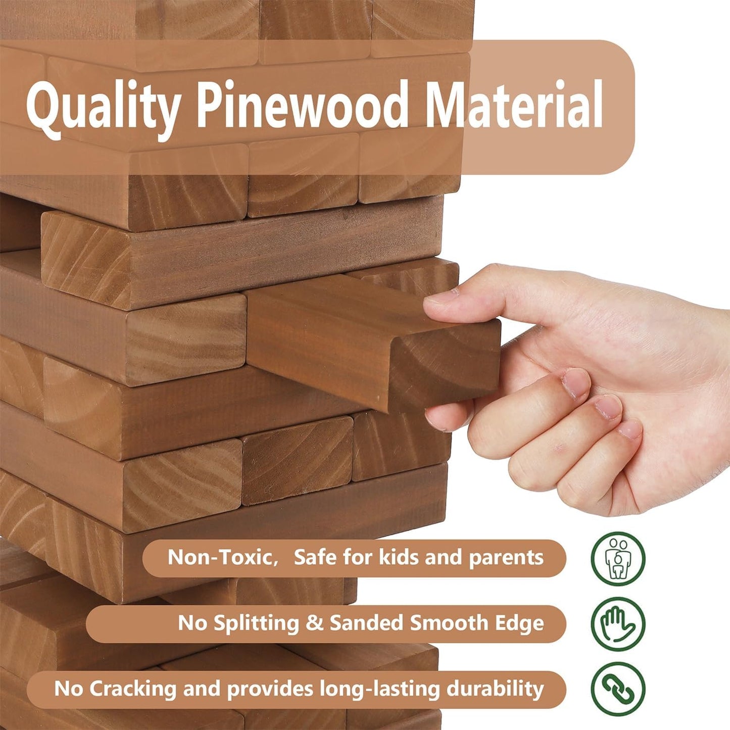 Juegoal 54 Piece Giant Tumble Tower Brown for Adult Kids Family, Wooden Block Stacking Game with Gameboard & Canvas Bag, Outdoor Games for Backyard Lawn Party Playing, 6.9 x 6.9 x 24 Inches,X-Large