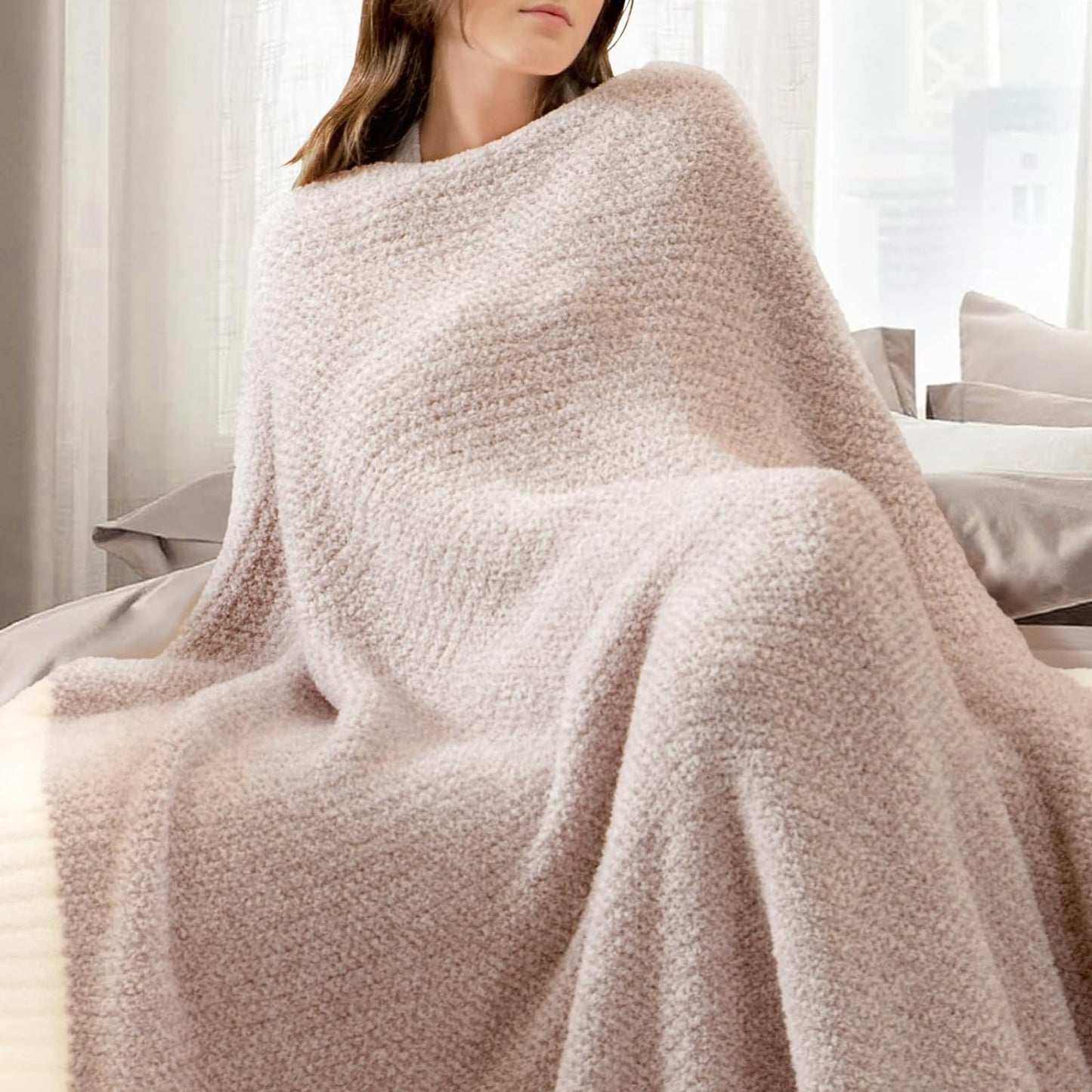 Snuggle Sac Heather Taupe Throw Blanket for Couch, Oversized Throw XL Super Soft Warm Blankets Cozy Knit Fuzzy Lightweight Throws for Sofa, Bed, Living Room, Taupe, 50x70 inches