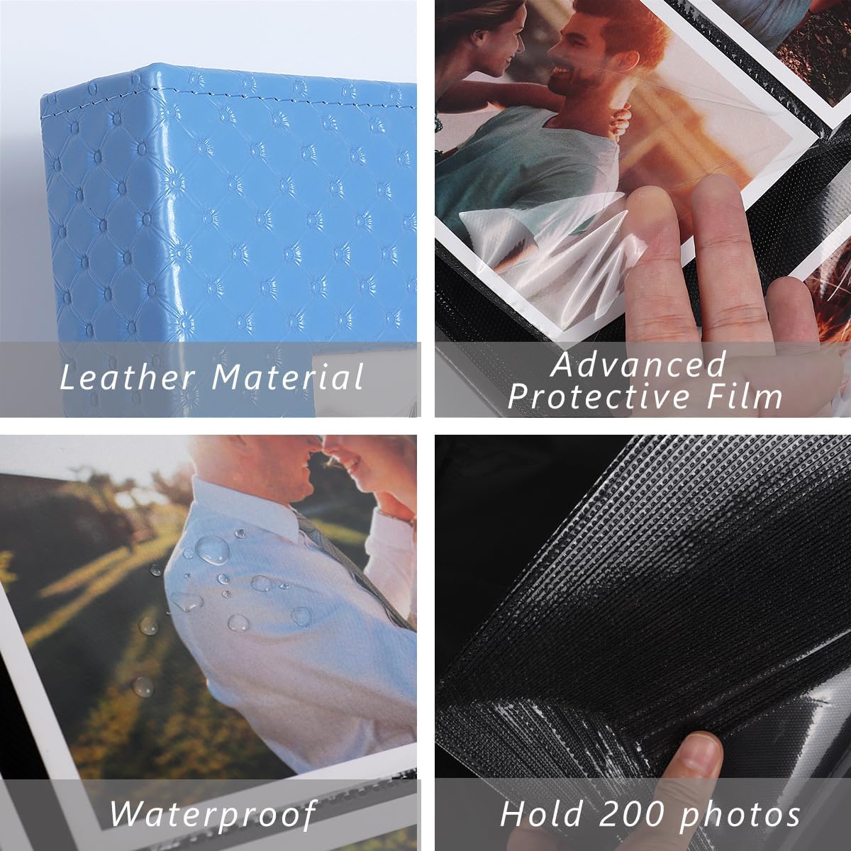 RECUTMS 200 Pocket Photo Albums 4x6 Small PU Leather Cover Wedding Family Baby Anniversary Graduation Travel Personalized Blue