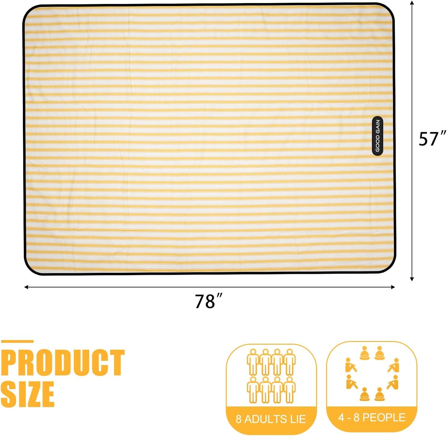 G GOOD GAIN Picnic Blankets Waterproof - Extra Large Outdoor Blanket Sand Free Foldable with Carry Strap for Beach, Camping, Park Grass, Hiking, Travel, Concerts, Indoor(Bumblebee)