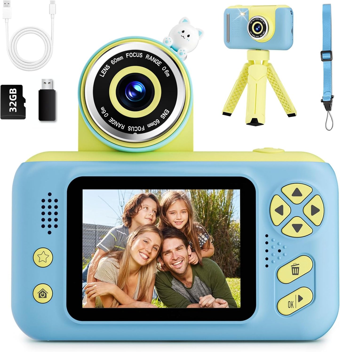 Camera for Kids, Toddler Volging Cameras Age 3-8 Christmas Birthday Gifts for Boys and Girls 3-12 Year Old Boys Digital Camcorder for Video Portable Kids Selfie Camera with 32GB SD Card Blue