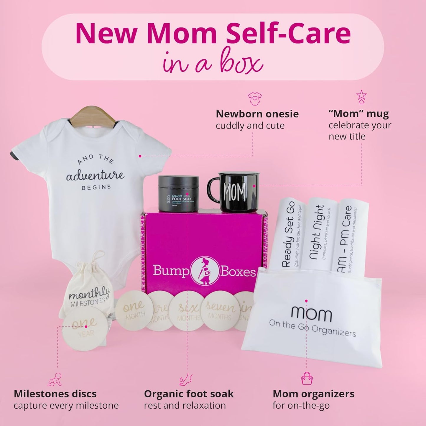 Bump Boxes 3rd Trimester & Postpartum Gift Set for New Moms with Milestone Disc, Baby Onesie, Travel Bags, Ceramic Mug, Organic Foot Soak, Gift for Mother to Be