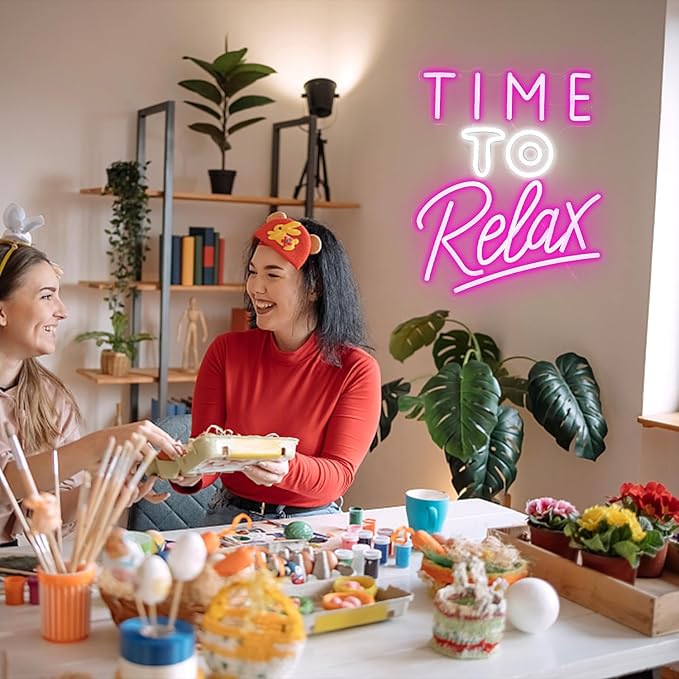 Time To Relax Neon Sign Pink White Letter Led Neon Lights Wall Decor Dimmable Relax Light Up Signs USB Powered with Switch Neon Signs for Spa Massage Bedroom Decor Bar Party Wedding