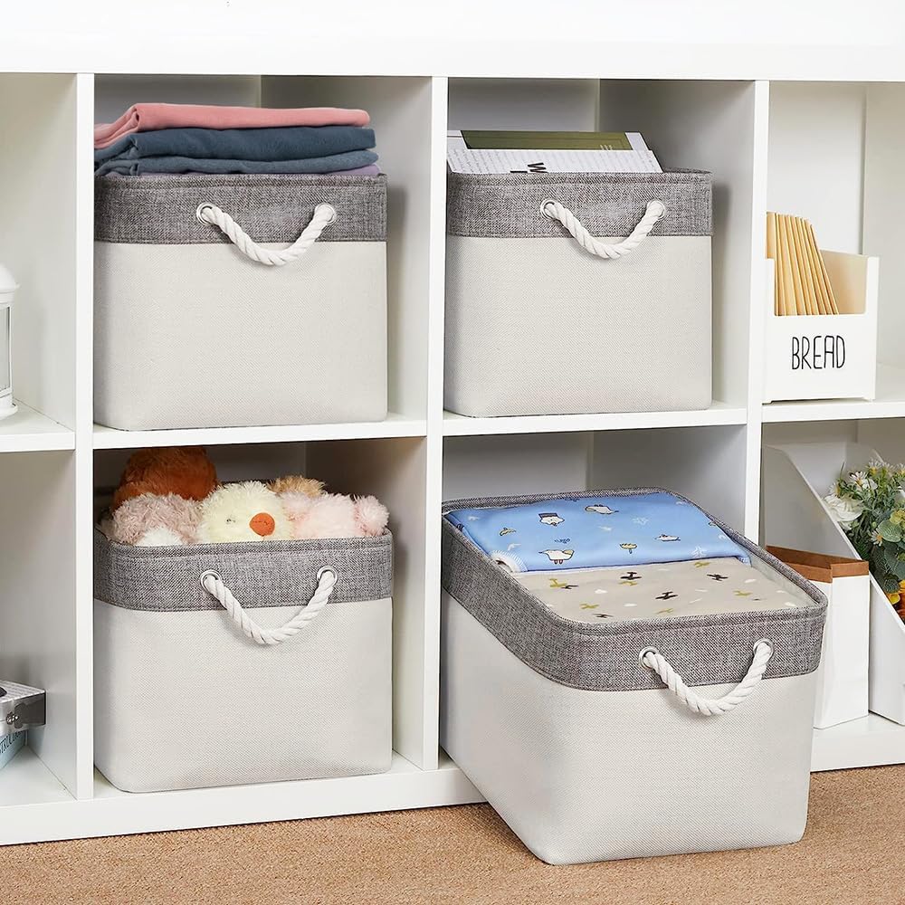 Organization and Storage Bins for Shelves - Large 4 Pack 16x12x8 inch Collapsible Storage Basket for Organizing, Fabric Storage Cubes for Box Closet Cloth Toy Nursery Books Kids (Grey & White)