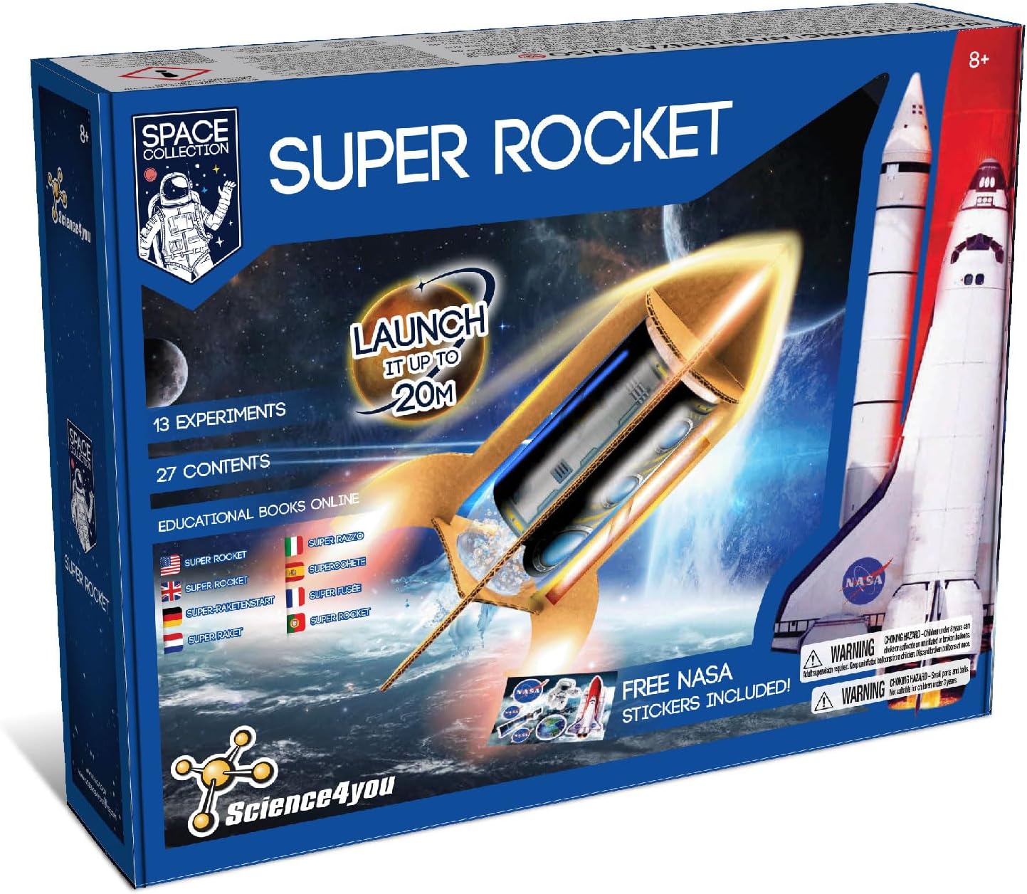 Science4you NASA Super Rocket Launcher - Space Game with 13 Experiments for Kids, Make Your Own Scientific Rockets and Launch Them up to 20 Metres High, Gift for Boys and Girls 8+ Years Old
