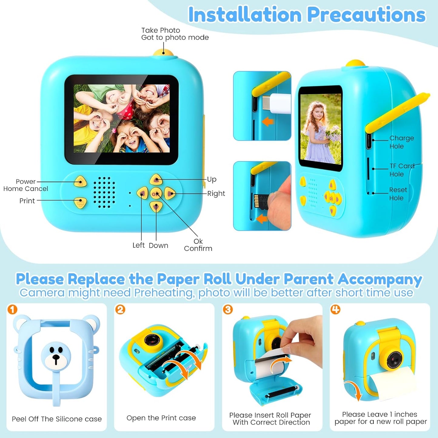 Kids Camera Instant Print, 7 Print Paper (4 Color: O/R/G/B+3 B&W), 2.4" Screen Instant Camera for Kids Ages 3-12,1080P, 180°Flip Lens,32GB Card- Christmas Birthday Present for Boys & Girls,M2