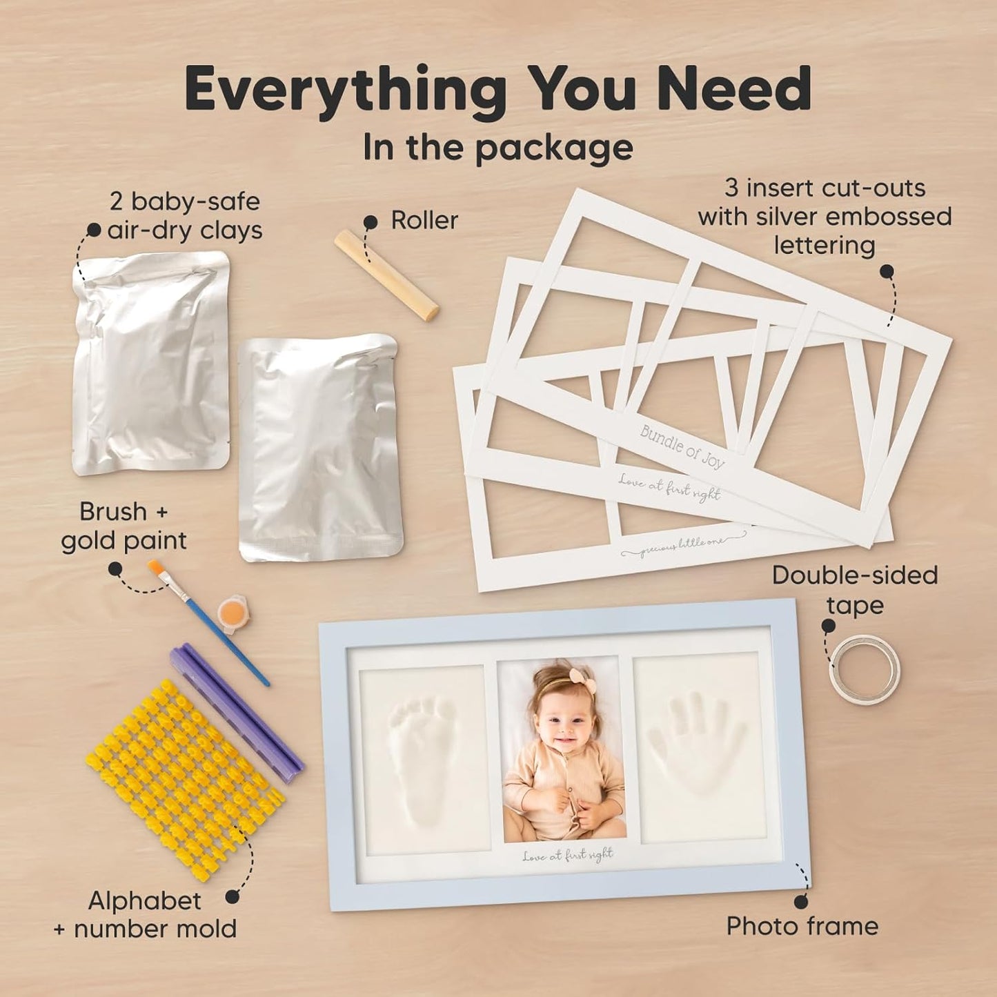 Baby Hand and Footprint Kit - Clay Handprint Keepsake Frame, Newborn Nursery Picture Frame, Personalized New Mom Gifts for Baby Shower & Registry (Mist Blue)