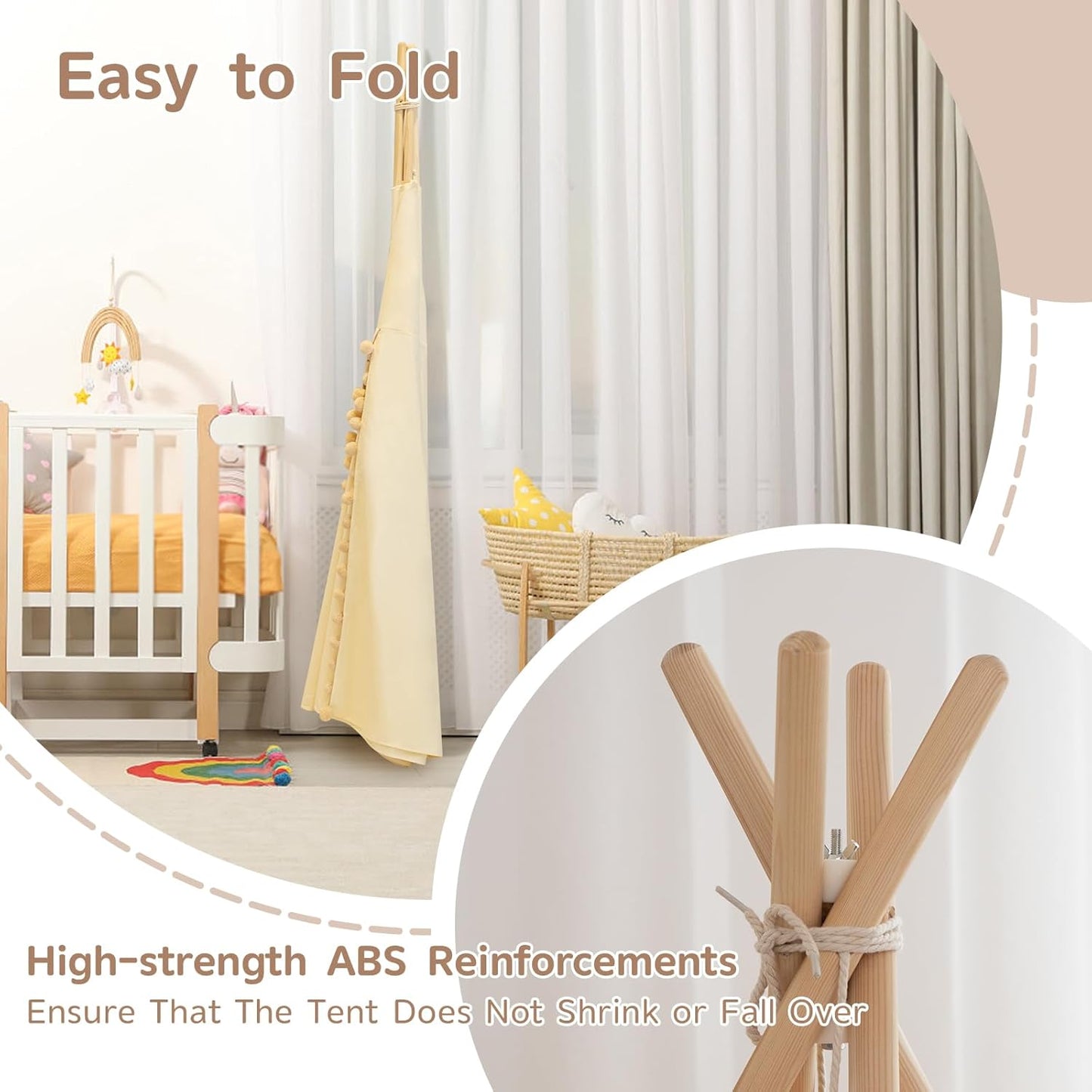 Teepee Tent for Kids with Padded Mat Cotton Canvas Kids Teepee with Pompom for Toddlers Indoor Play Tent for Girls Boys with Stars Lights, Carry Bag, Banner Flag (Cream)