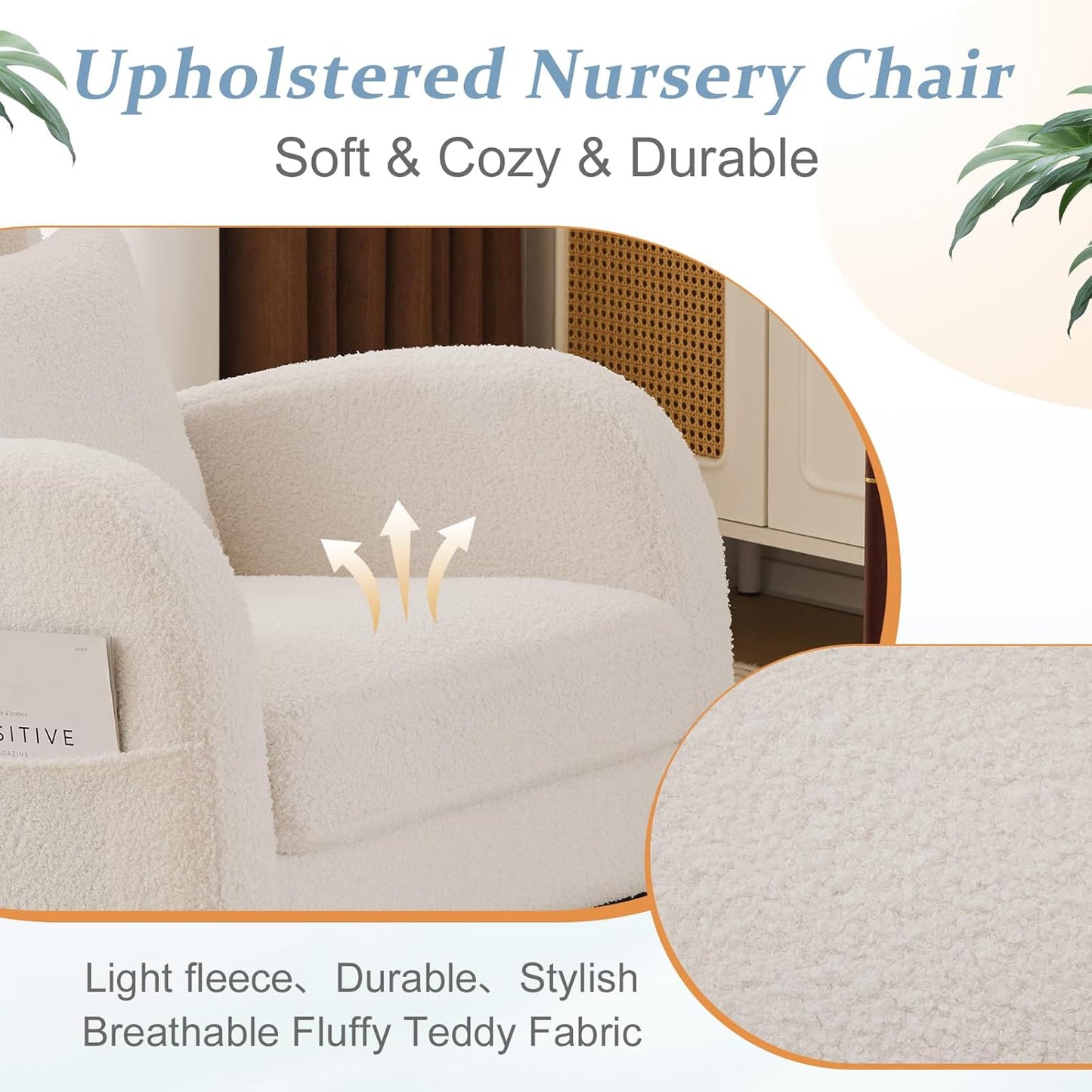 VINGLI Teddy Fleece Low Seat Rocking Chair,Boucle Upholstered Nursery Glider Chair with Side Pockets,Accent Arm Chair with High Backrest,Comfy Head Rest,Solid Wood,for Living Room, Bedroom,Beige