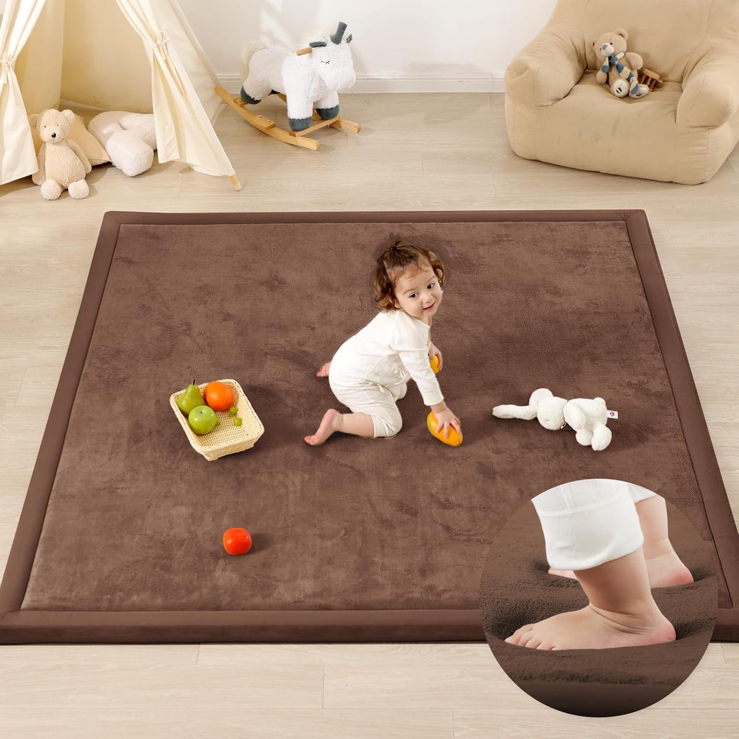 Ultra Soft Baby Play Mat,1.3" Thick Elasti-Foam Tummy Time Mat for Infants,Toddlers,Kids,Water-Repellent Coral Fleece Nursery Rug,Non-Slip Safe for Crawling&Hardwood Floors(Chocolate Brown)