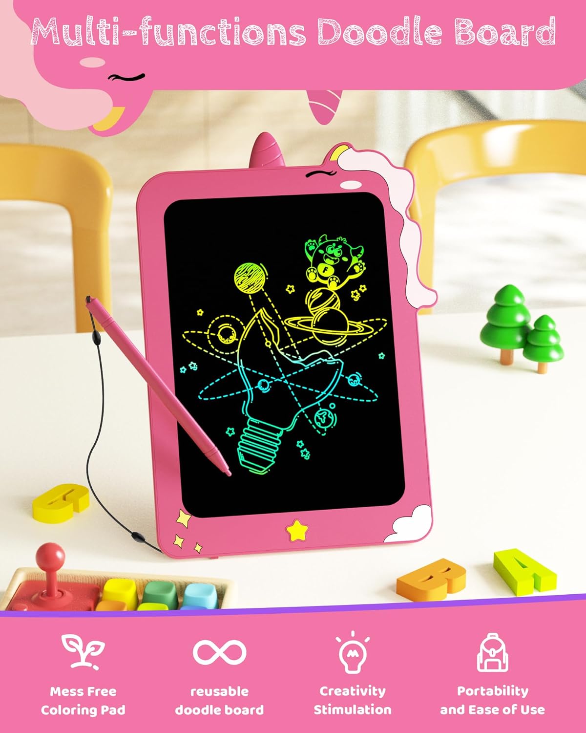 TEKFUN LCD Writing Tablet for Kids, 8.5 Inch Unicorn Toddler Doodle Board, Drawing Tablet, Reusable Electronic Pads Educational and Learning Toy Gift for 3-8 Years Old Boy and Girl (Pink)