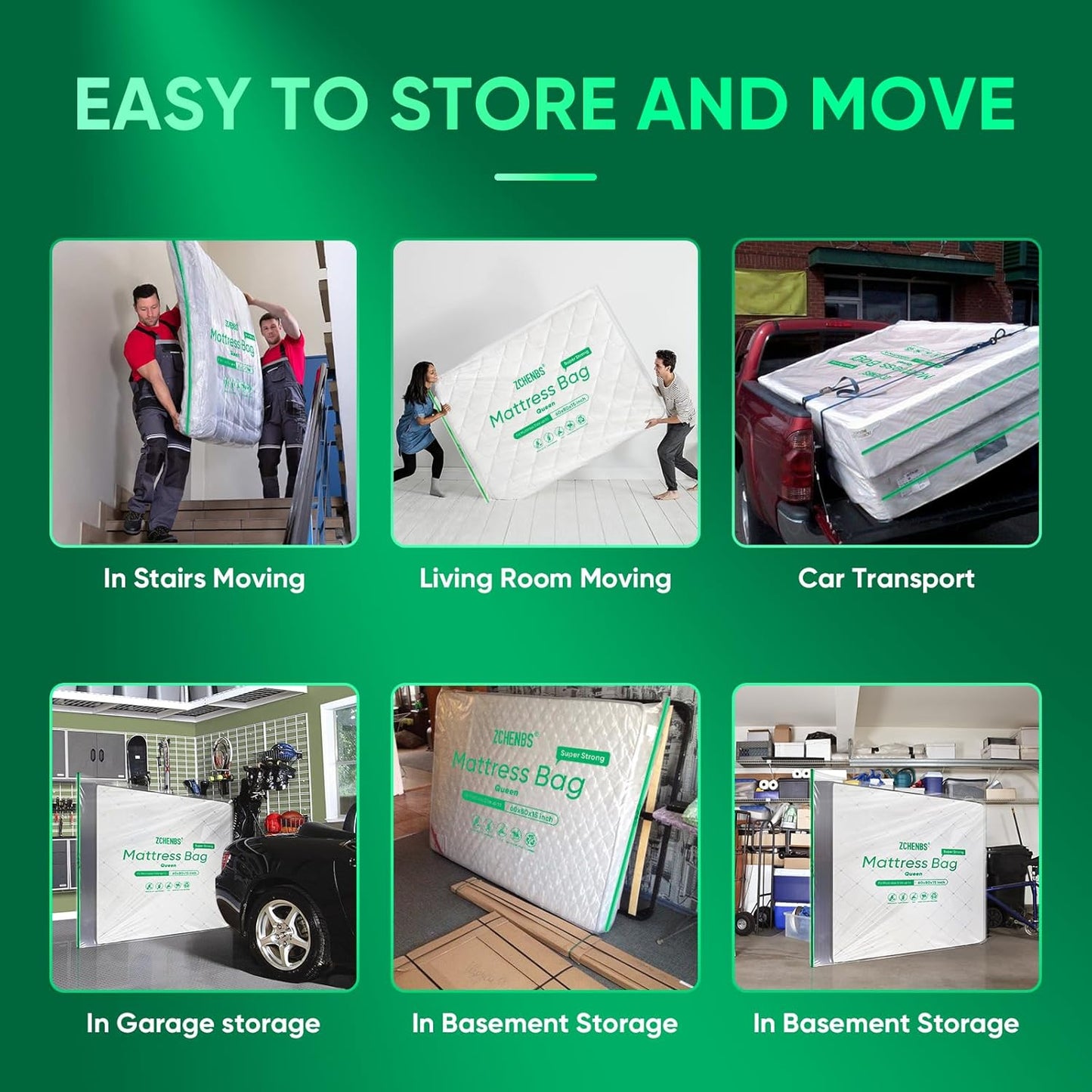 ZCHENBS® – Mattress Bags for Moving and Storage,Mattress Bag with Zippers,5 Mil Ultra-Thick Bed Bag,Waterproof,Anti-Tear,Heavy-Duty Mattress bag (Tansparent/Green, Green-Queen-(2 Pack))