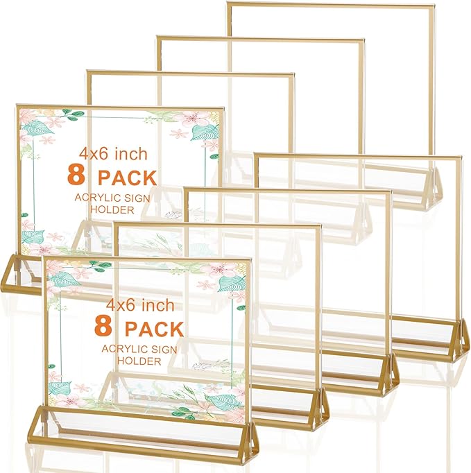 8PCS 6x4 Acrylic Sign Holders with Golden Border, Double-Sided Picture Frames, Clear Gold Table Number Holders for Wedding Reception, Centerpiece, Decoration, Party