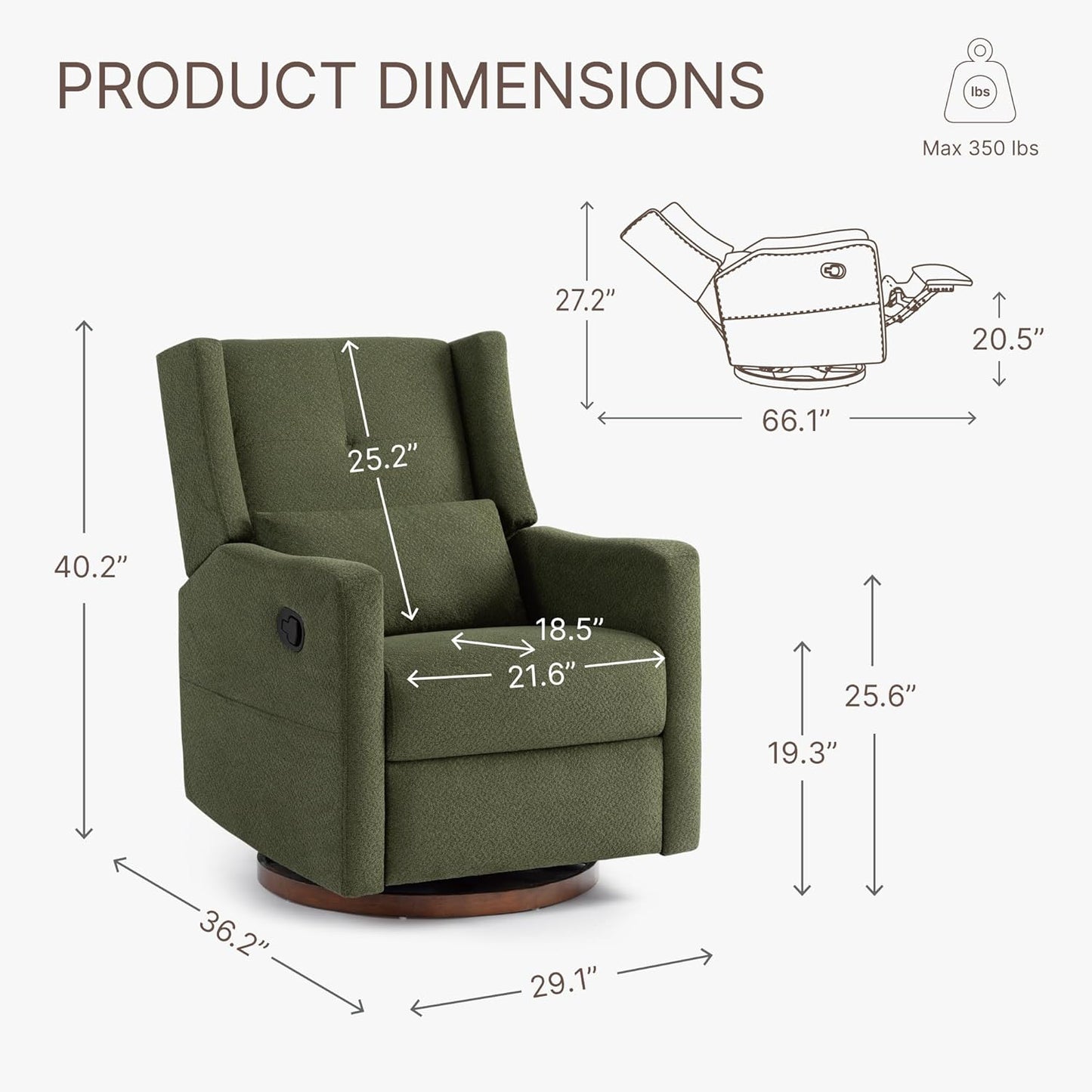 Upholstered Recliner Swivel Glider Nursery Chair Reclining Performance Fabric Rocker with Wood Base,Boucle,Moss Green