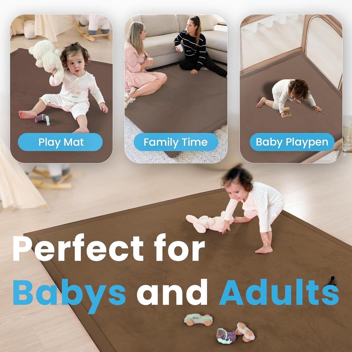 Ultra Soft Baby Play Mat,79"×79" Extra Large Activity Tummy Time Mat for Toddlers,Infants,Kids,1.3" Thick Elasti-Foam Nursery Rug for Floor,Non-Slip Safe for Crawling,Water-Repellent(Chocolate Brown)