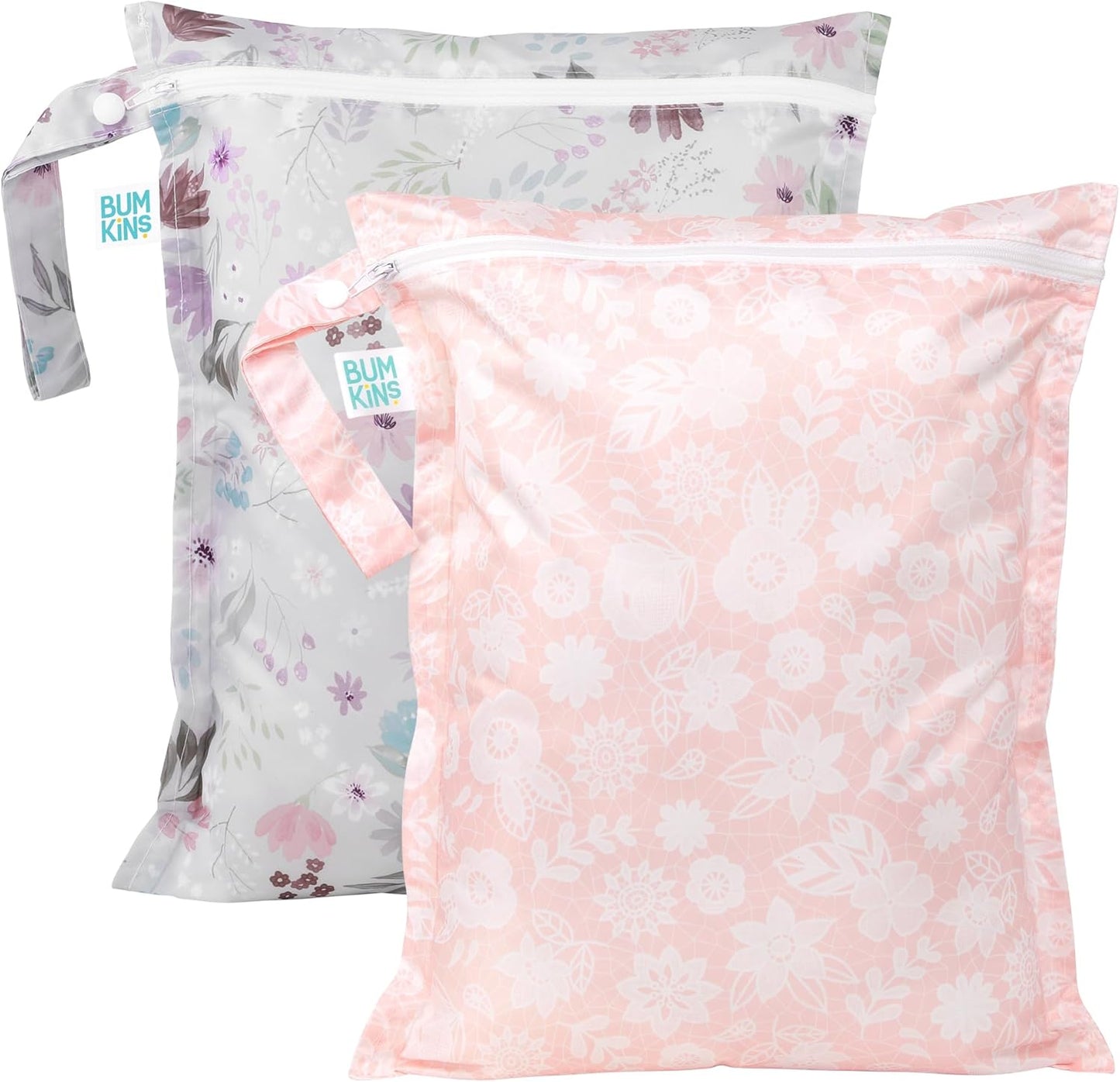Bumkins - Waterproof Wet Bag - For Baby, Travel, Swim Suit, Cloth Diapers, Pump Parts, Pool, Gym, Toiletry, Strap to Stroller - Reusable & Easy to Clean - 2pk - Floral & Lace