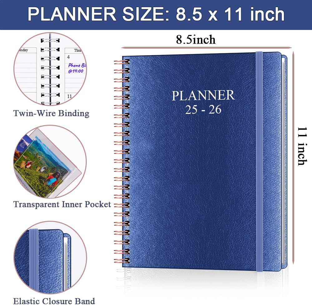 Planner 2025-2026 - Weekly & Monthly Planner Runs from Jul 2025 to Jun 2026, 8.5 x 11", 12 Month Tabs, Inner Pocket, PU Leather Cover with Twin-Wire Binding, Monthly Planners 2025-2026, Blue