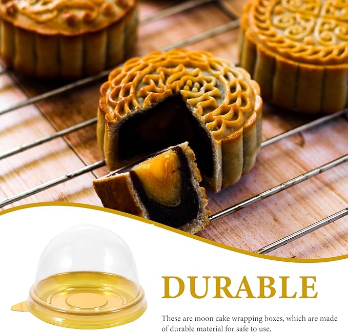 NUOBESTY Individual Cupcake Boxes, 100pcs Golden Tray Round Plastic Transparent Dome Cupcake Boxes Egg-Yolk Puff Food Container Single Mooncake Dome Boxes Baking Packing Box |2.75x2.75x1.96 inch