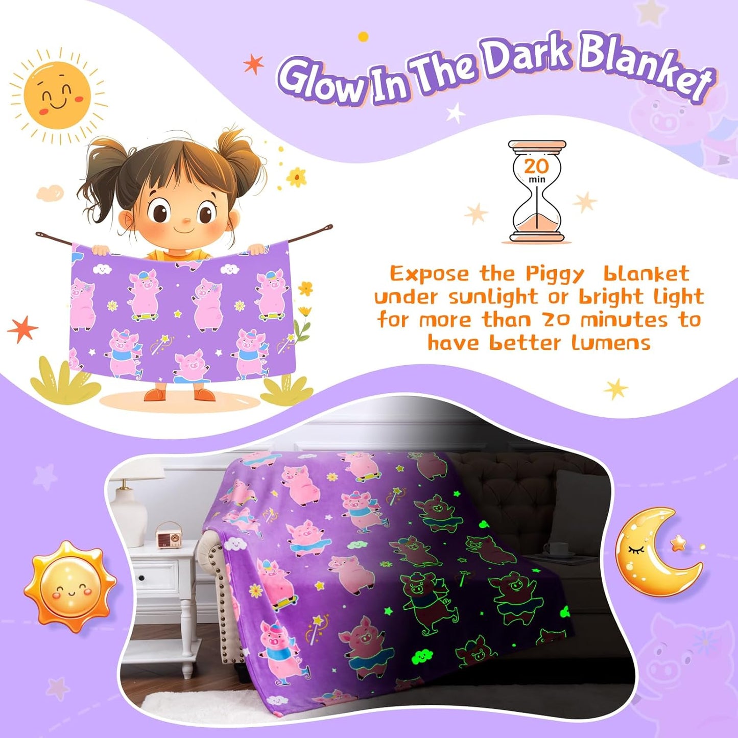 Boulou Pig Glow in The Dark Throw Blanket - 60" x 50" Pink Plush Pig Blanket for Girls, Glowing Blanket Gift for 3-10 Years Old Kids Boys, Birthday