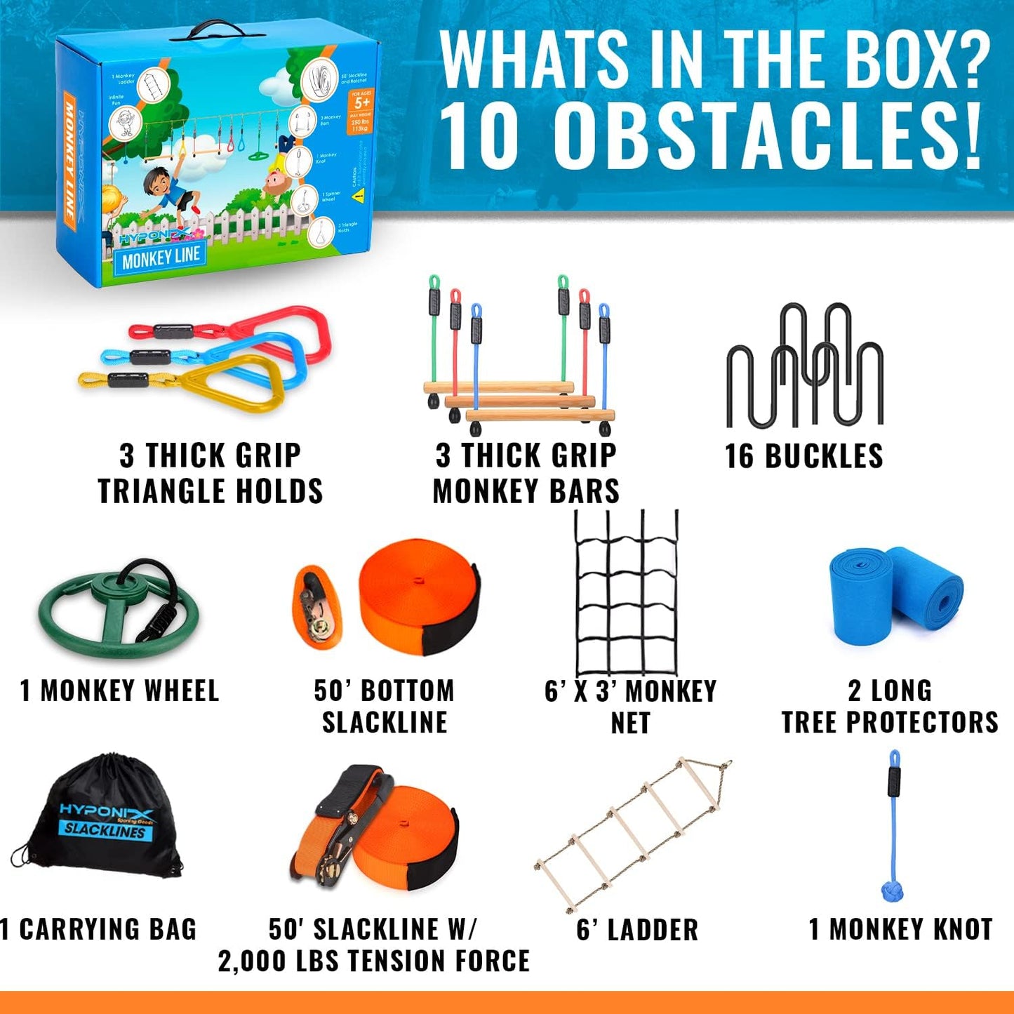 Ninja Warrior Obstacle Course for Kids – 2 x 50 ft Slacklines with 10 Weatherproof Obstacles – Monkey Net, Ratchet-Tight Technology, Supports Up to 880 lbs – Climbing & Swinging Equipment