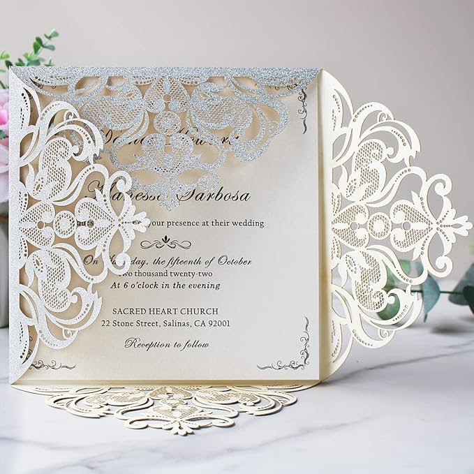 Hosmsua 6.3 x 6.3 Inch 50PCS Silver Glitter Laser Cut Hollow Lace Rose Wedding invitation Cards with Envelopes Wedding invitations for Anniversary Invite (Silver Glitter)