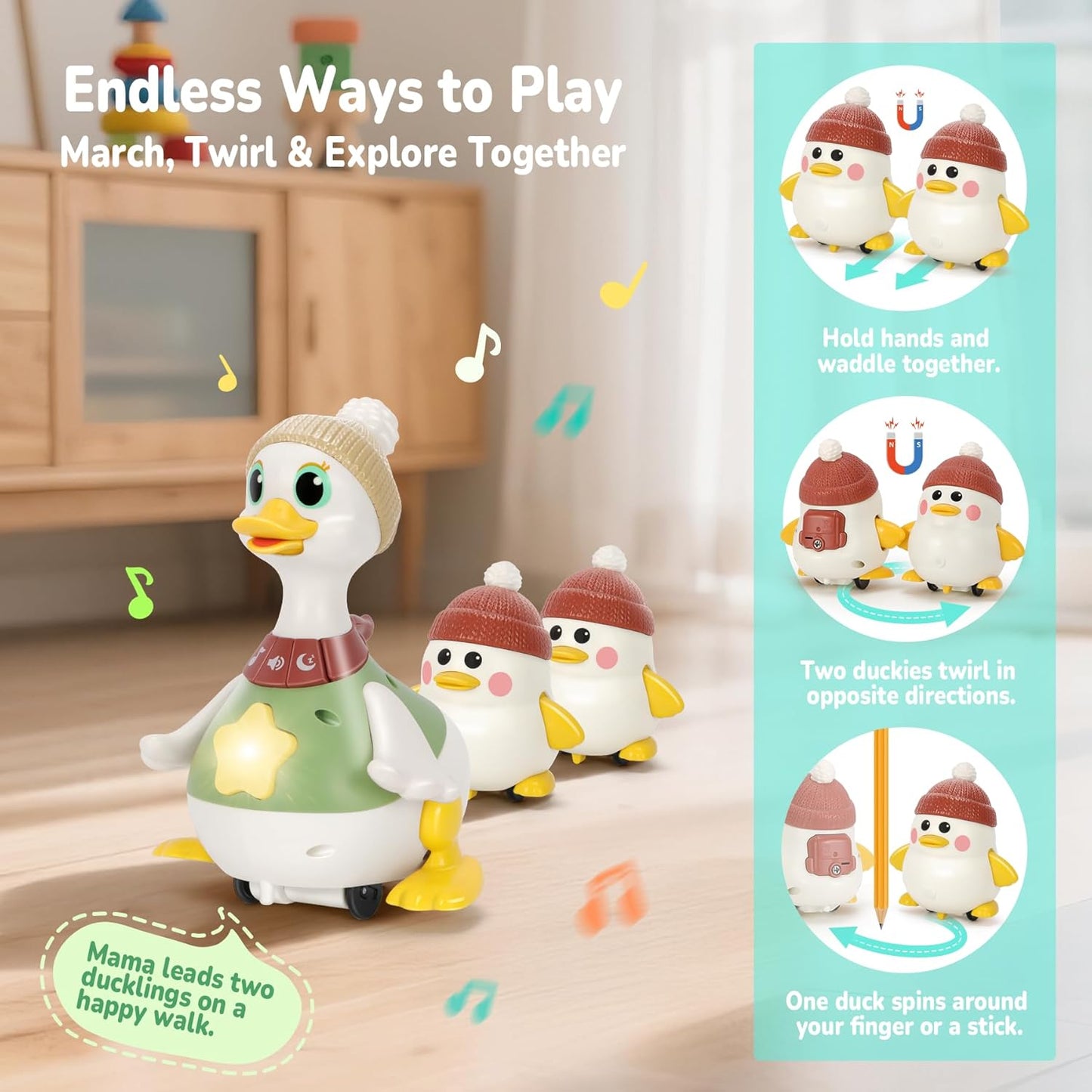 Hestiasko Dancing Duck Toy for Babies 6-36 Months, Musical Crawling & Tummy Time Toy Set with Magnetic, Learning Crawl Interactive Baby Toys for Toddlers 1-3 Birthday Easter Gifts for Boys Girls