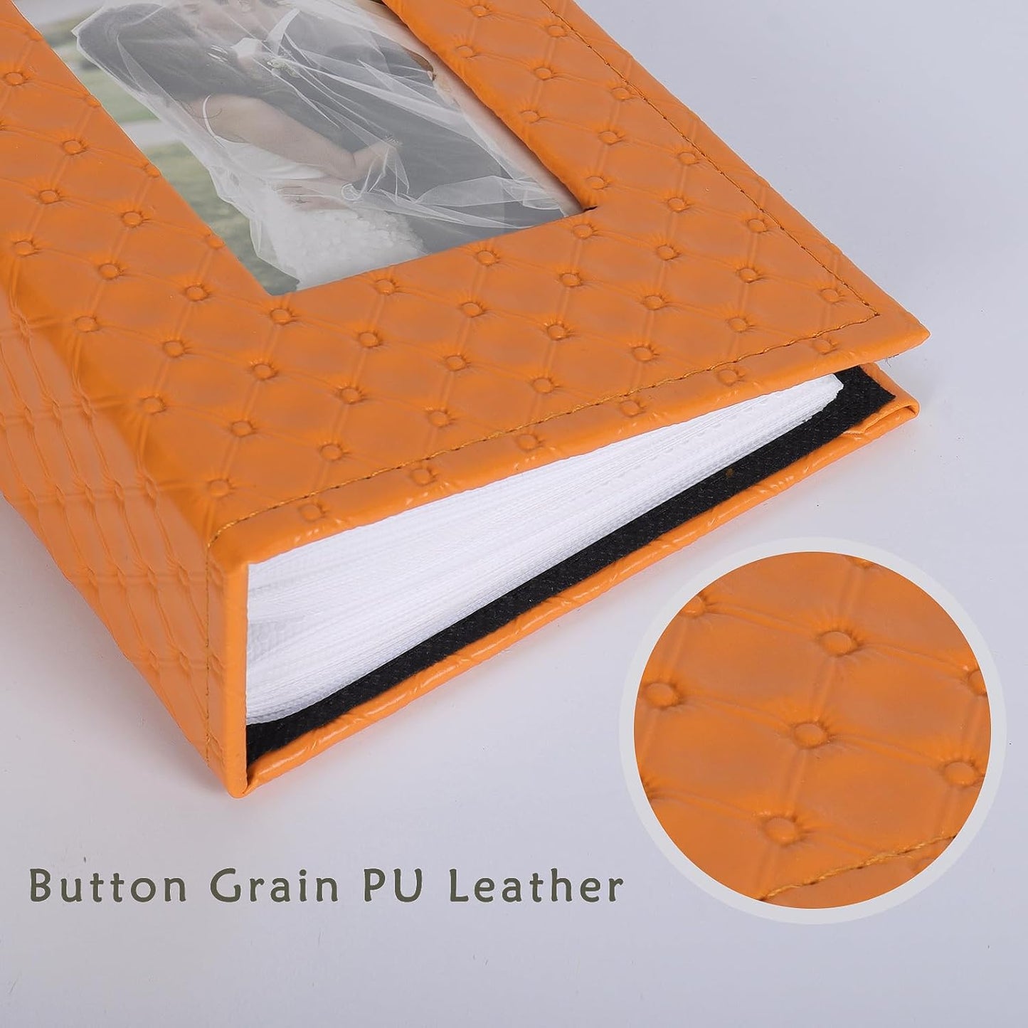 RECUTMS Photo Album 4x6 52 Photos, Small Photo BookButton Grain PU Leather Window 26-Sheet Holds 52 Pictures for Picture Album Wedding Family Baby Vacation(Orange)