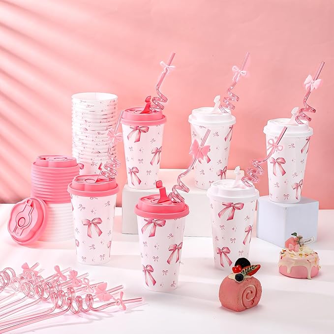 Yungyan 16 Sets Pink Bow Party Favors Goodie Cups with Lids and Straws for Birthday Coquette Party Decorations Reusable 16oz Plastic Candy Cups Plastic Straws for Christmas Decor(Pink Bow)