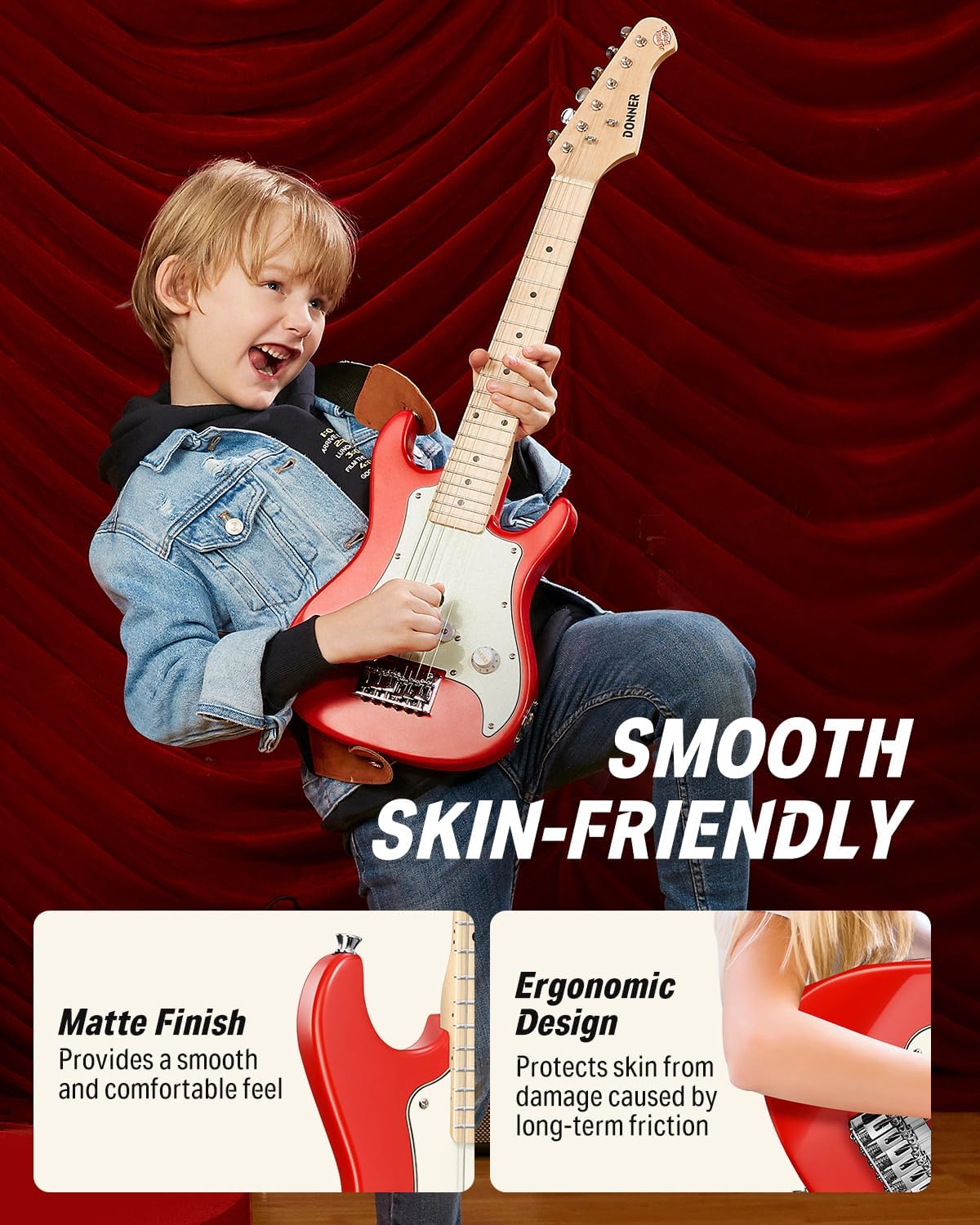 Donner 30 Inch Kids Electric Guitar Beginner Kits ST Style Mini Electric Guitar for Boys Girls with Amp, 600D Bag, Tuner, Picks, Cable, Strap, Extra Strings, DSJ-100, Red