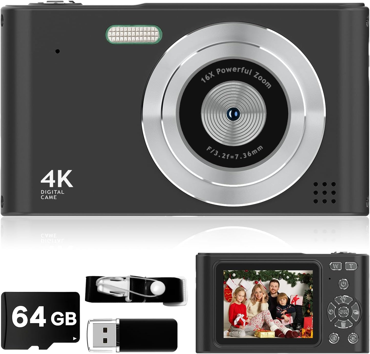 Digital Kids Camera 1080P Vlog Camera with 64GB, Lanyard, 16X Zoom Anti Shake, Card Reader 44MP Compact Portable Point Shoot Digicam for Kid Teen Girl Boy Christmas Halloween Thanksgiving(Black)