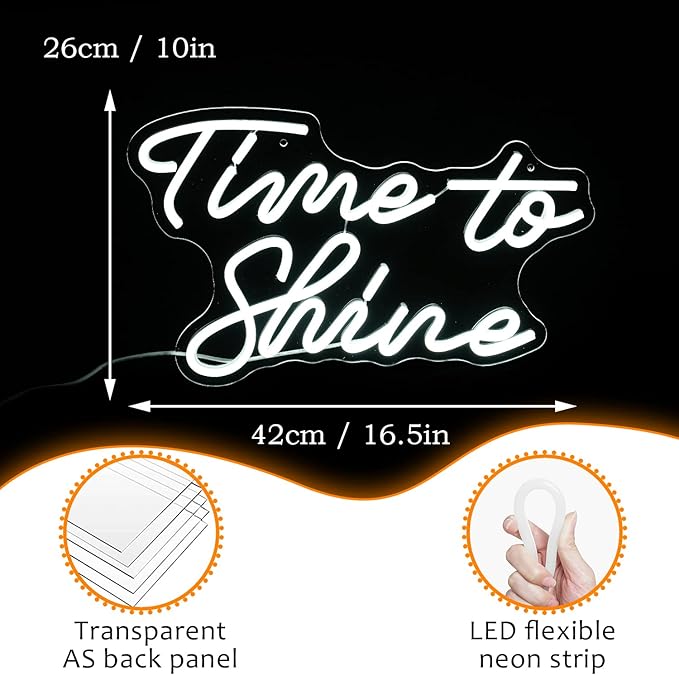 Time To Shine Neon Sign White Led Sign Time To Shine Neon Lights Decor for Lover Dimmable Letter Neon Wall Signs USB Powered with Switch Neon Signs for Wall Decor Party Wedding（16.5’’X10.2’’）