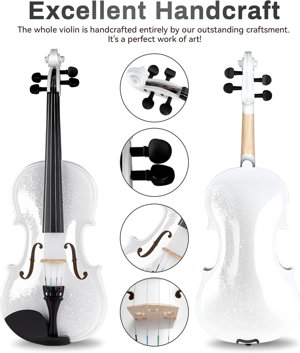 Poseidon Violin for Beginner, Glossy White Violin Set with Acoustic Violin Fiddle for Students Violin Starter Kit/Hard Case, Bow, Rosin, Horse Bridge, Extra Strings, Shoulder Rest, Tuner, Manual