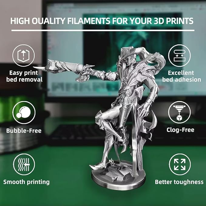 PLA Filament, Silk PLA, 3D Printer Filament, PLA Filament 1.75mm Dimensional Accuracy +/- 0.02mm, 1KG Spool (2.2 lbs), Fit Most FDM Printer (Silk Silver)