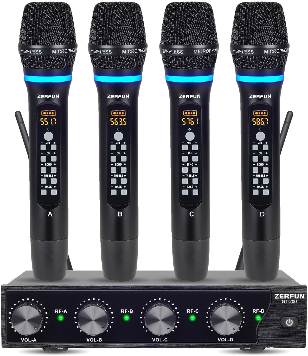 Pro Rechargeable Wireless Microphone System 4 Channel, UHF Metal Handheld Wireless Microphones Cordless Mics with Echo Treble BASS VOL Channel Control for Karaoke Singing Church(GT-200)