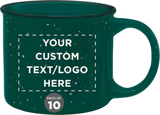DISCOUNT PROMOS Custom Ceramic Campfire Coffee Mugs 13 oz. Set of 10, Personalized Bulk Pack - Perfect for Tea, Espresso, Cappuccino, Hot Cocoa - Green