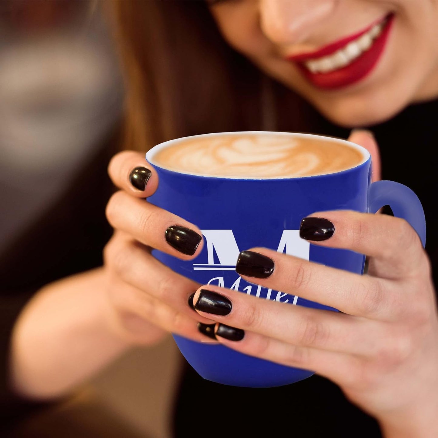 My Personal Memories Custom Monogrammed Coffee Latte Mug and Tea Cup - Personalized and Engraved (Blue)