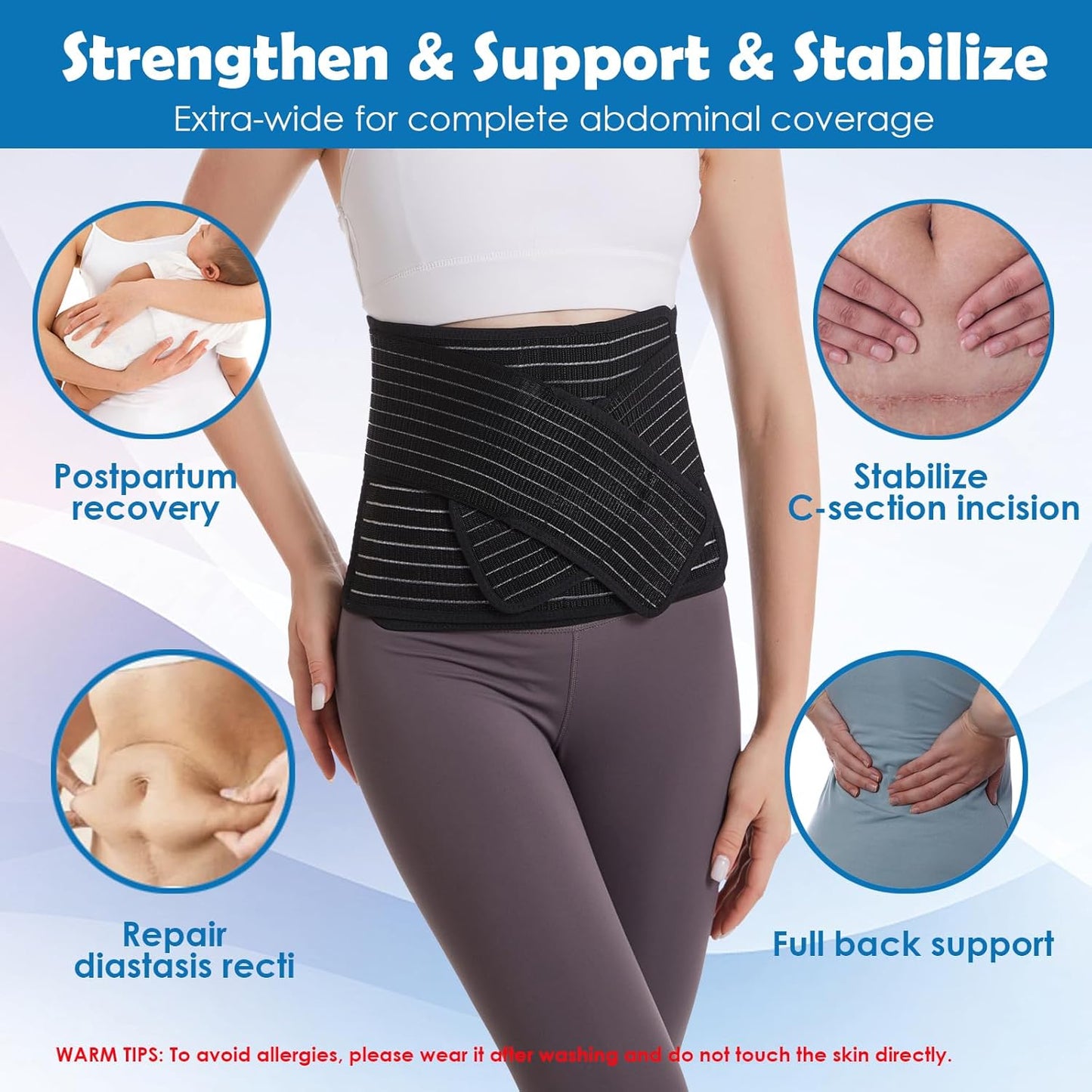 Paskyee Postpartum Belly Band, Abdominal Binder Post Surgery Belly Wrap, C Section Recovery Must Haves, Girdle for Postnatal Care, Waist/Pelvis Belt for Back Pain Relief Black S/M